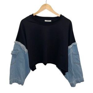 JW & NW Womens Denim‎ Cropped Sweatshirt Black Blue Size OS